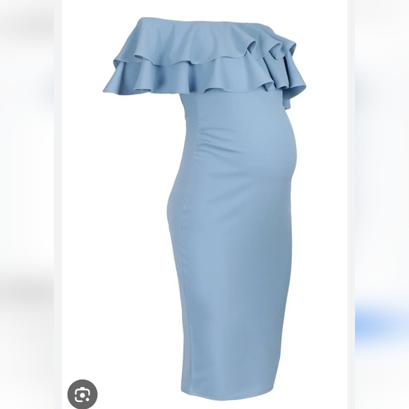 Maternity Boohoo Blue Off-Shoulder Sheath Dress with Ruffled Overlay - Picture 1 of 5